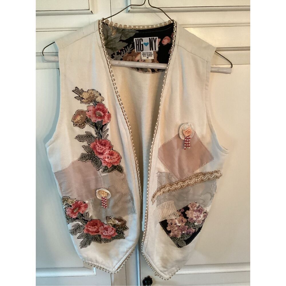 HG💙NY Vintage Embellished Vest Sz M   Appliqué Patchwork Cottagecore